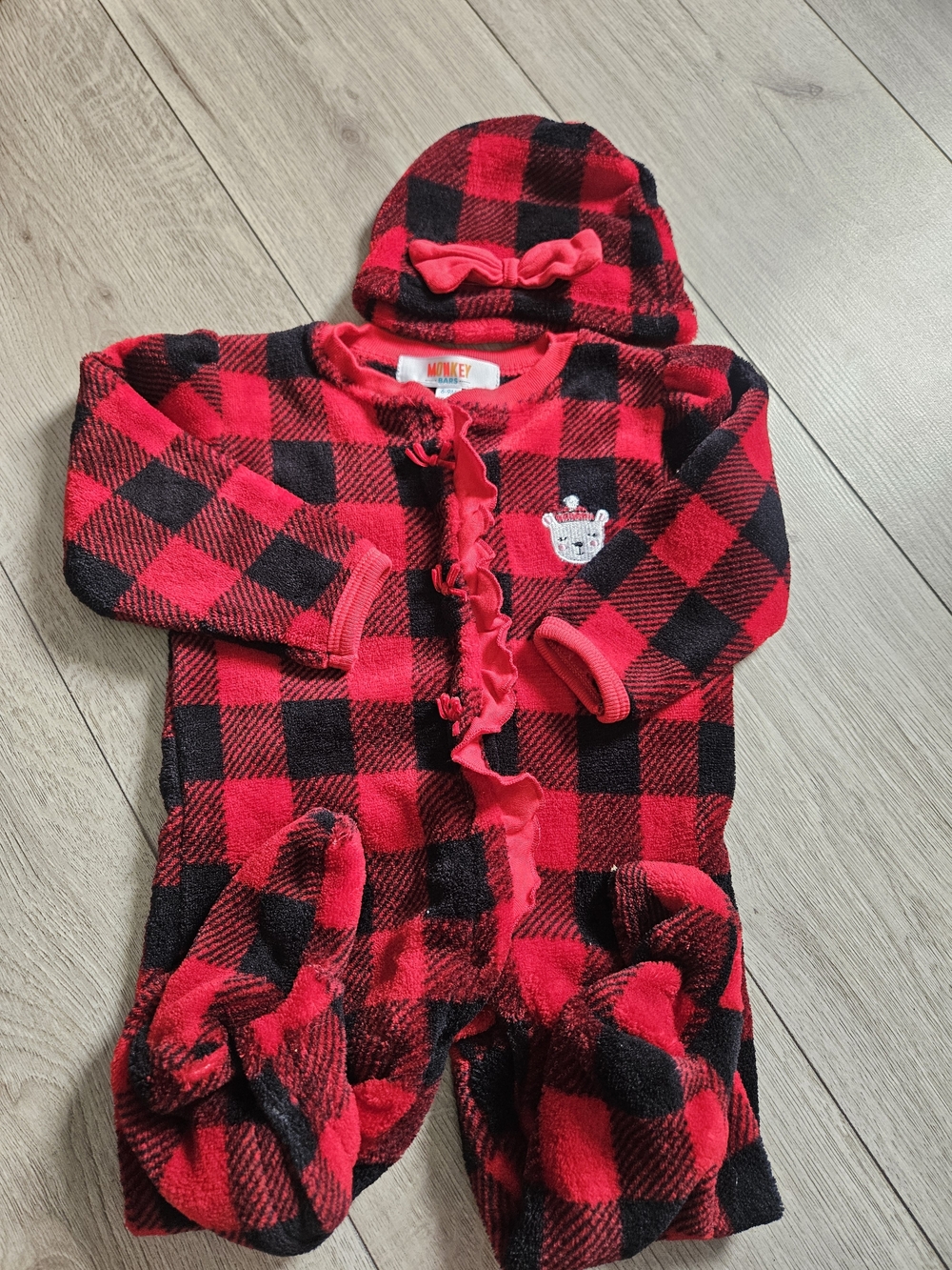 Monkey Bars Baby Girl Fleece Buffalo Plaid Footie Pajamas Sleeper Set Hat 6-9M🩷